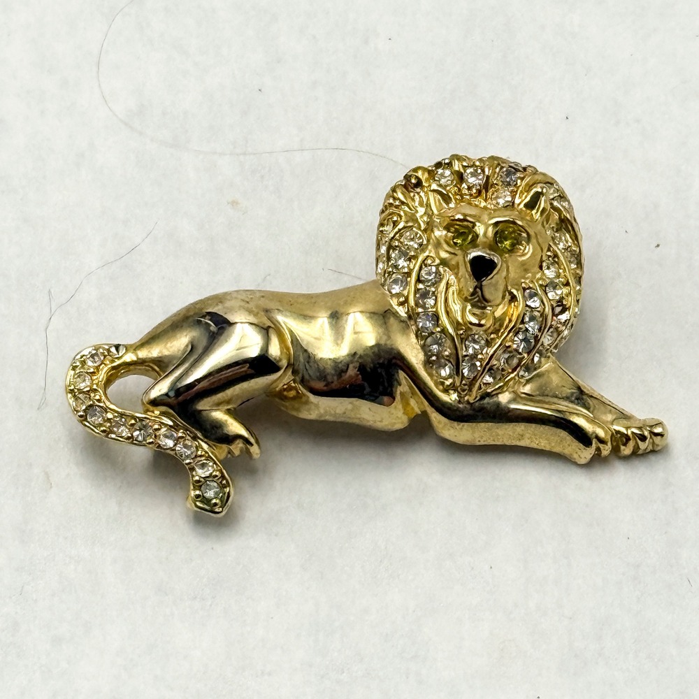 Vintage Monet Lion Brooch Gold Tone Rhinestone Mane Green Eyes Figural Pin